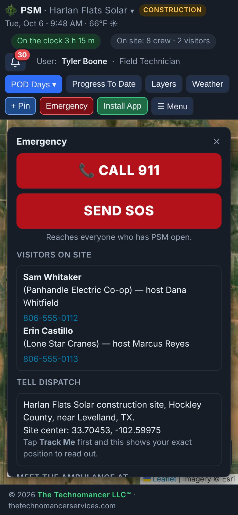 PSM Emergency panel with Call 911, Send SOS, visitors on site and dispatch details