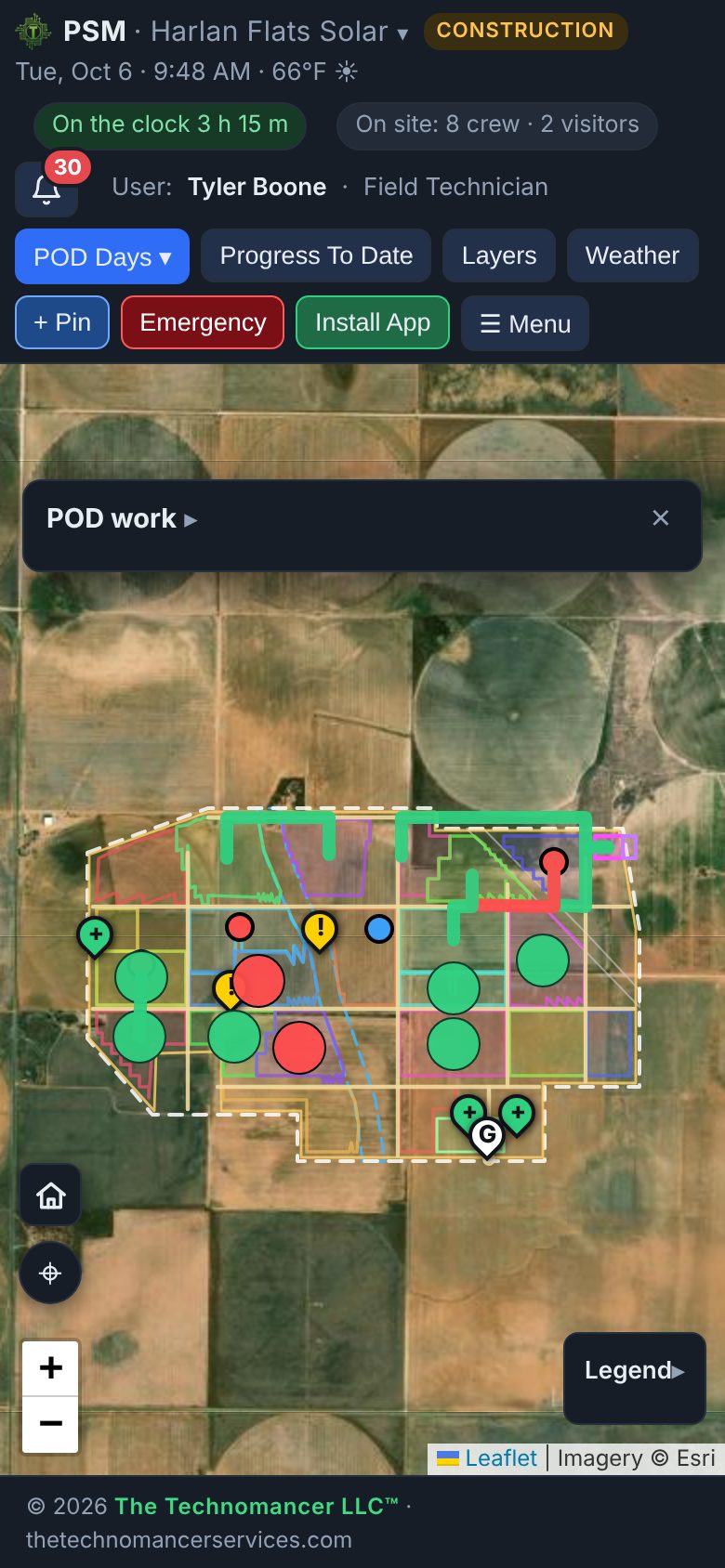 PSM site map on a phone with POD work and photo status