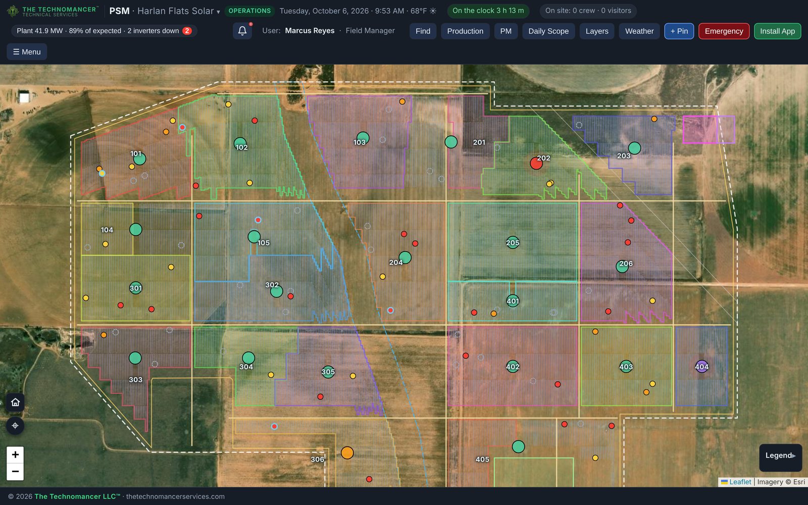 Operating plant map with each inverter skid colored by health, SolarEye findings and the plant status strip