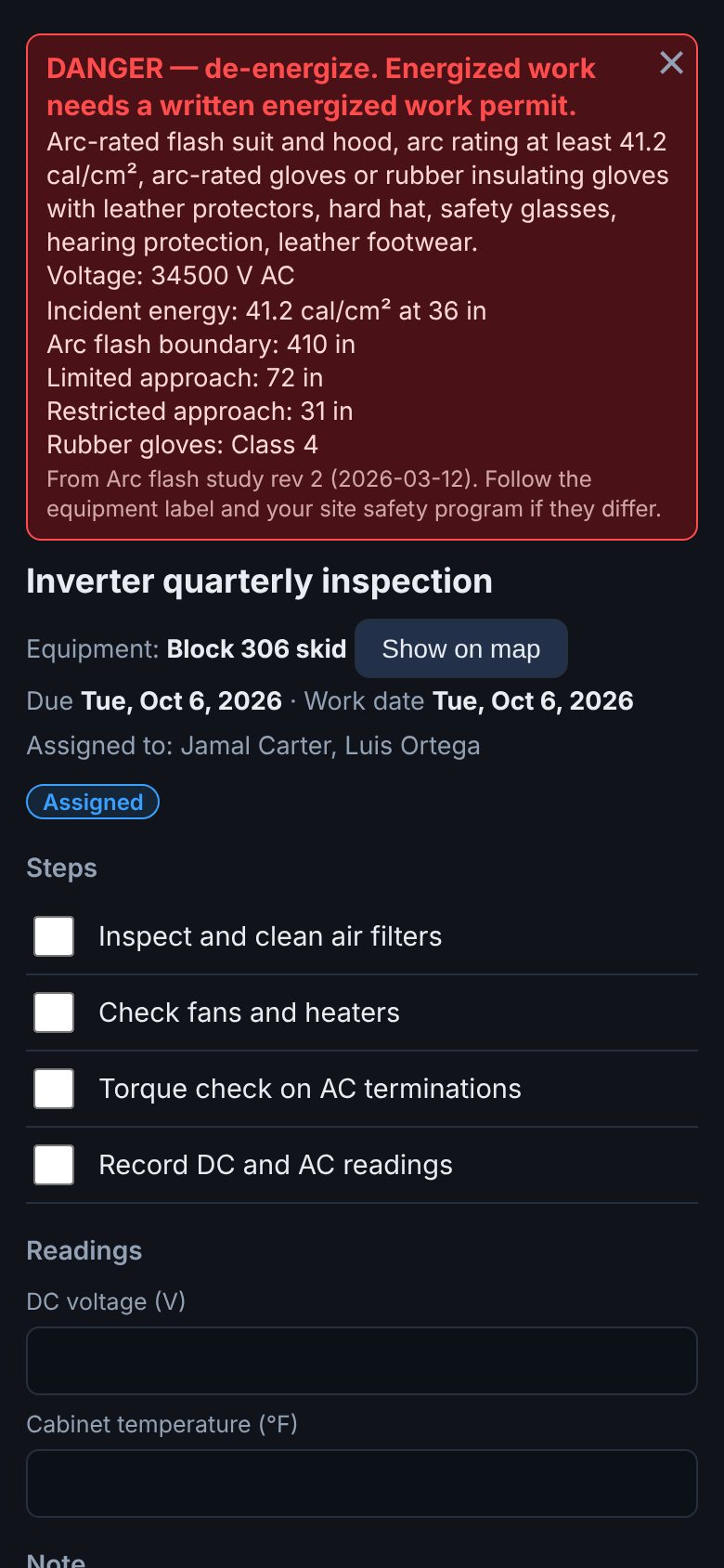 PM task on a phone with a red danger banner listing arc flash PPE, incident energy, boundaries and glove class for the transformer