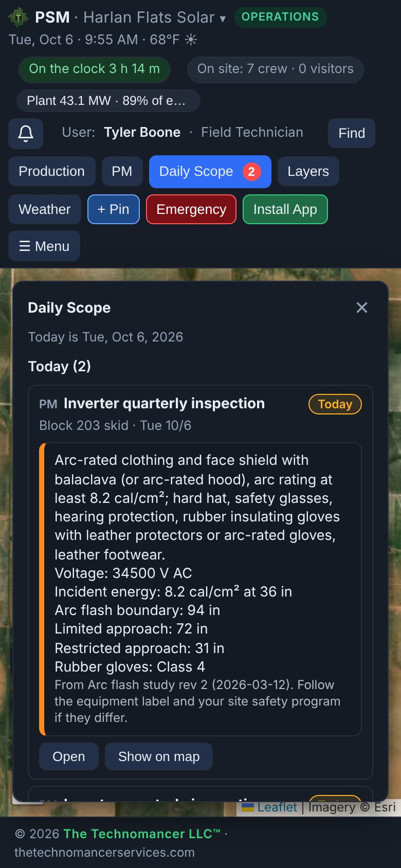 Daily Scope on a phone with today's PM tasks, each with its PPE requirements