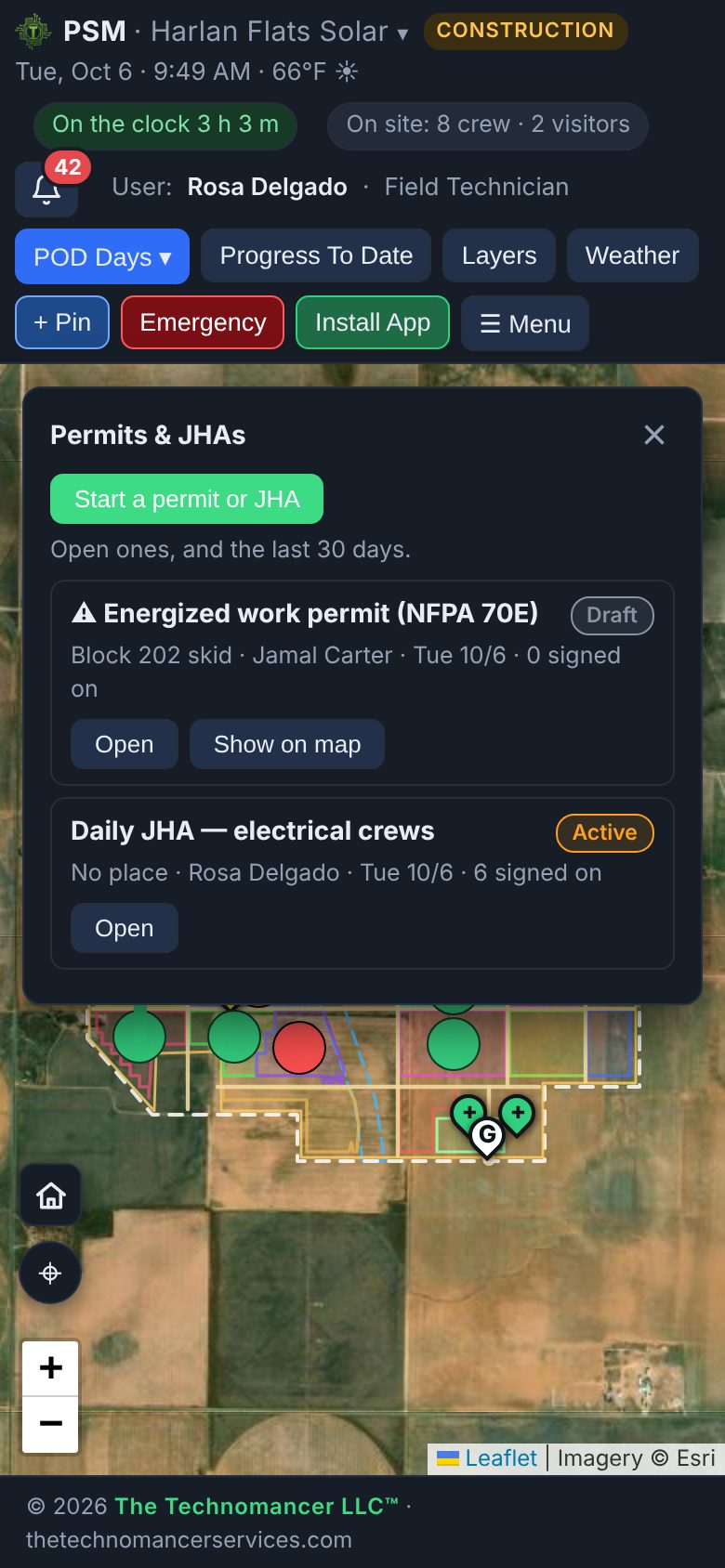 PSM Permits and JHAs panel with an energized work permit and an active daily JHA with six sign-ons