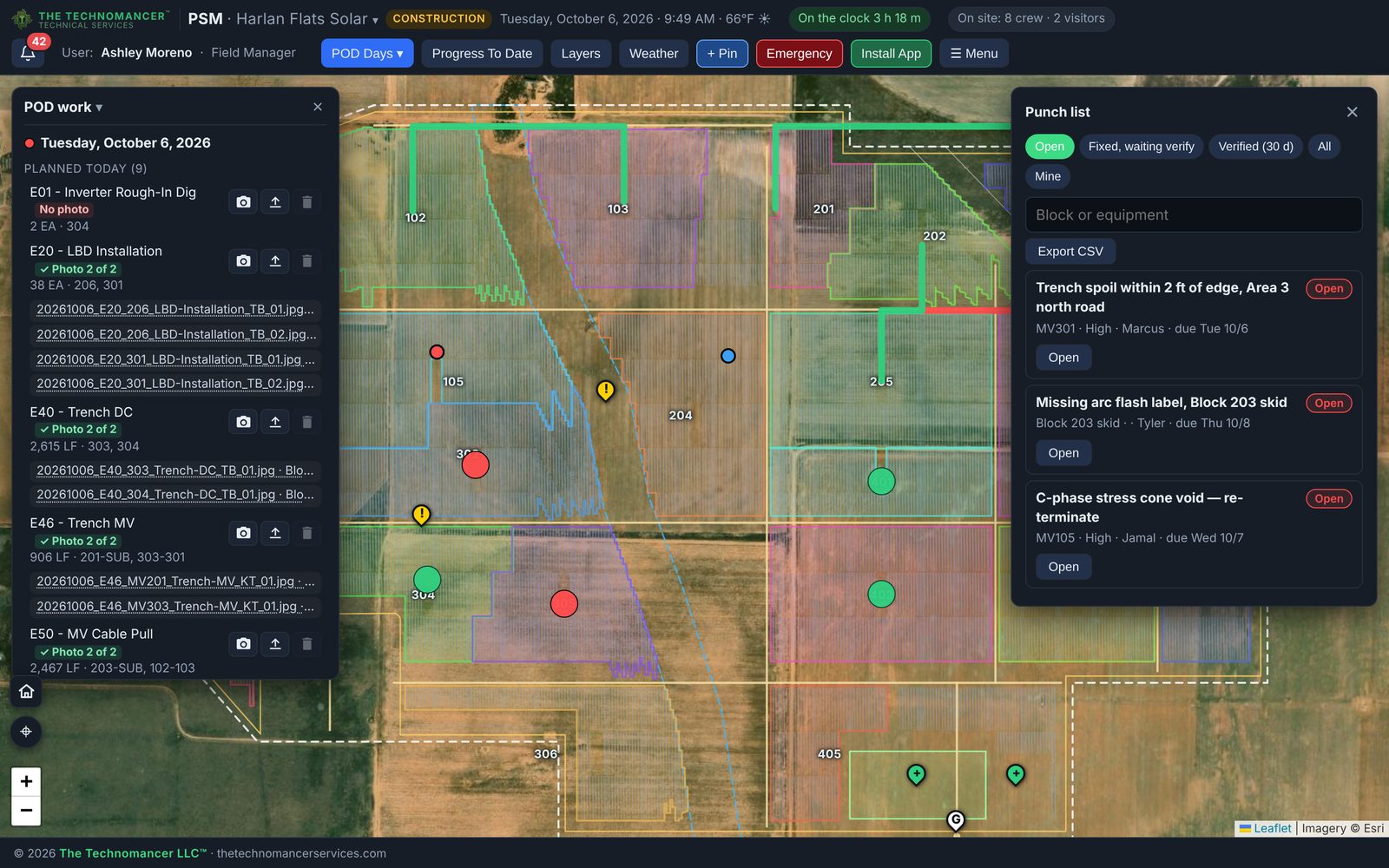 PSM map with hazard pins and the punch list panel