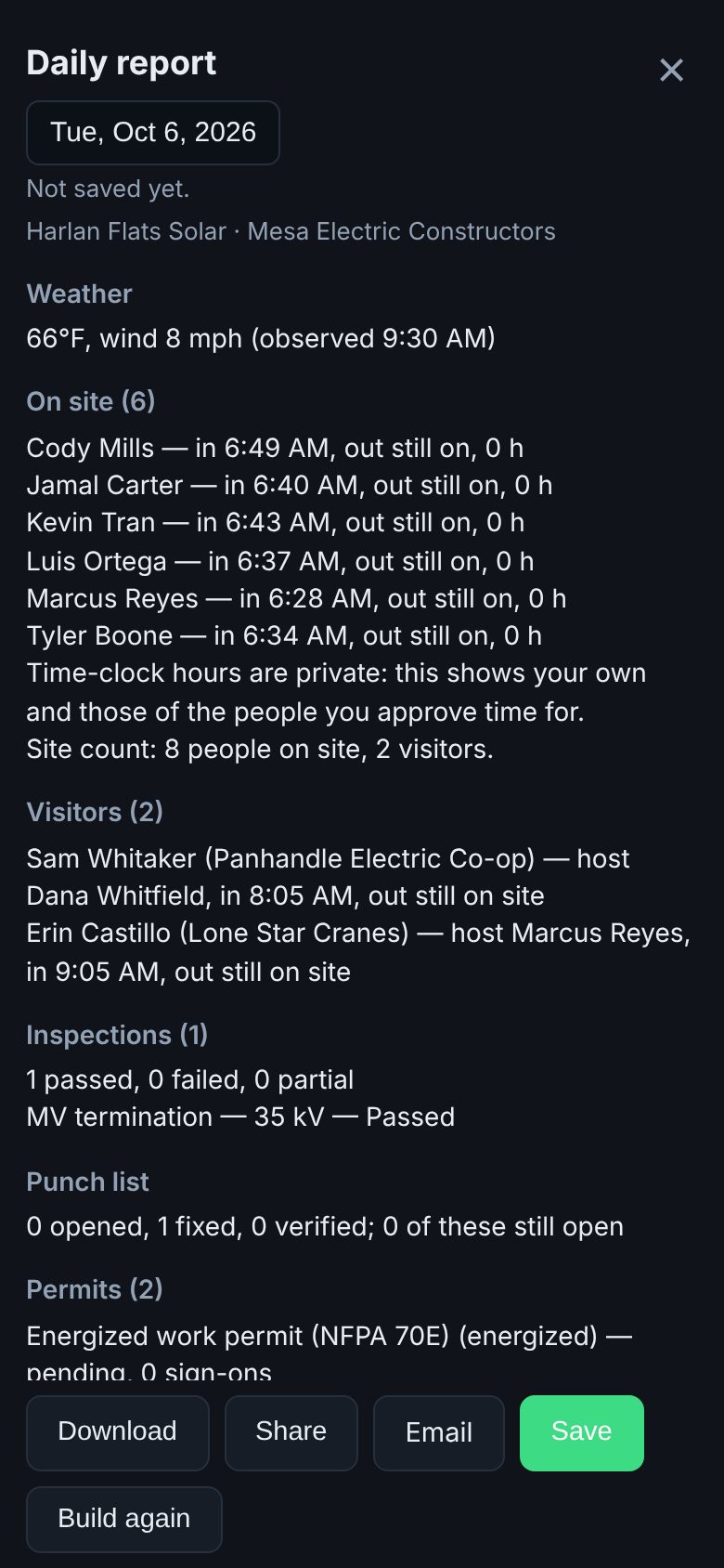 PSM daily report with weather, crew on site, visitors, inspections, punch list and permits
