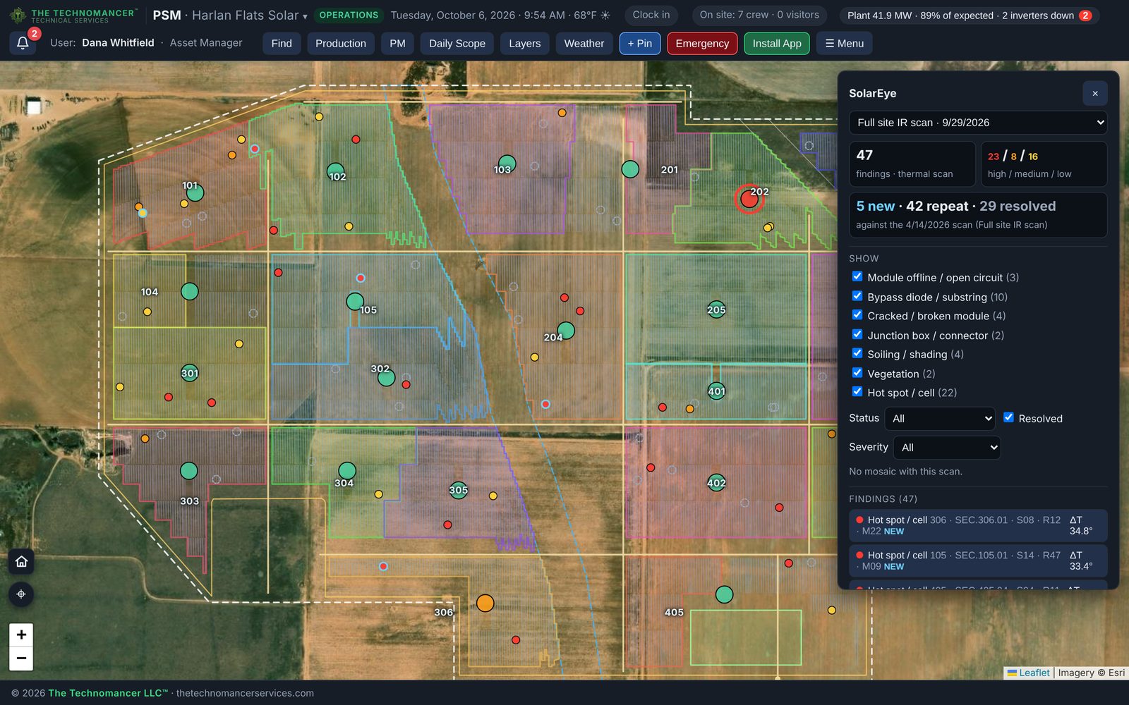 PSM SolarEye panel with 50 findings from a September thermal scan, compared against an April scan, colored by severity on the site map