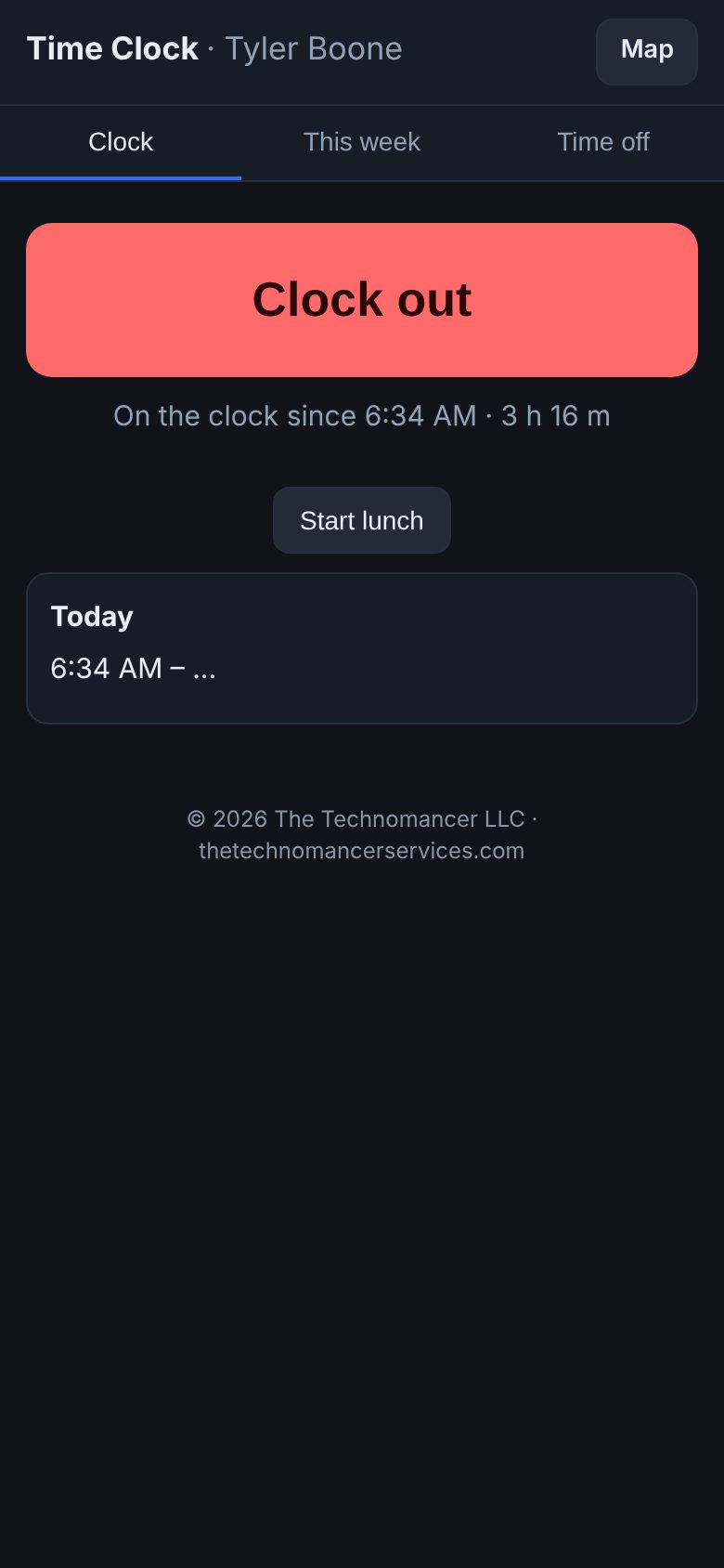 PSM time clock with clock out button and today's shift